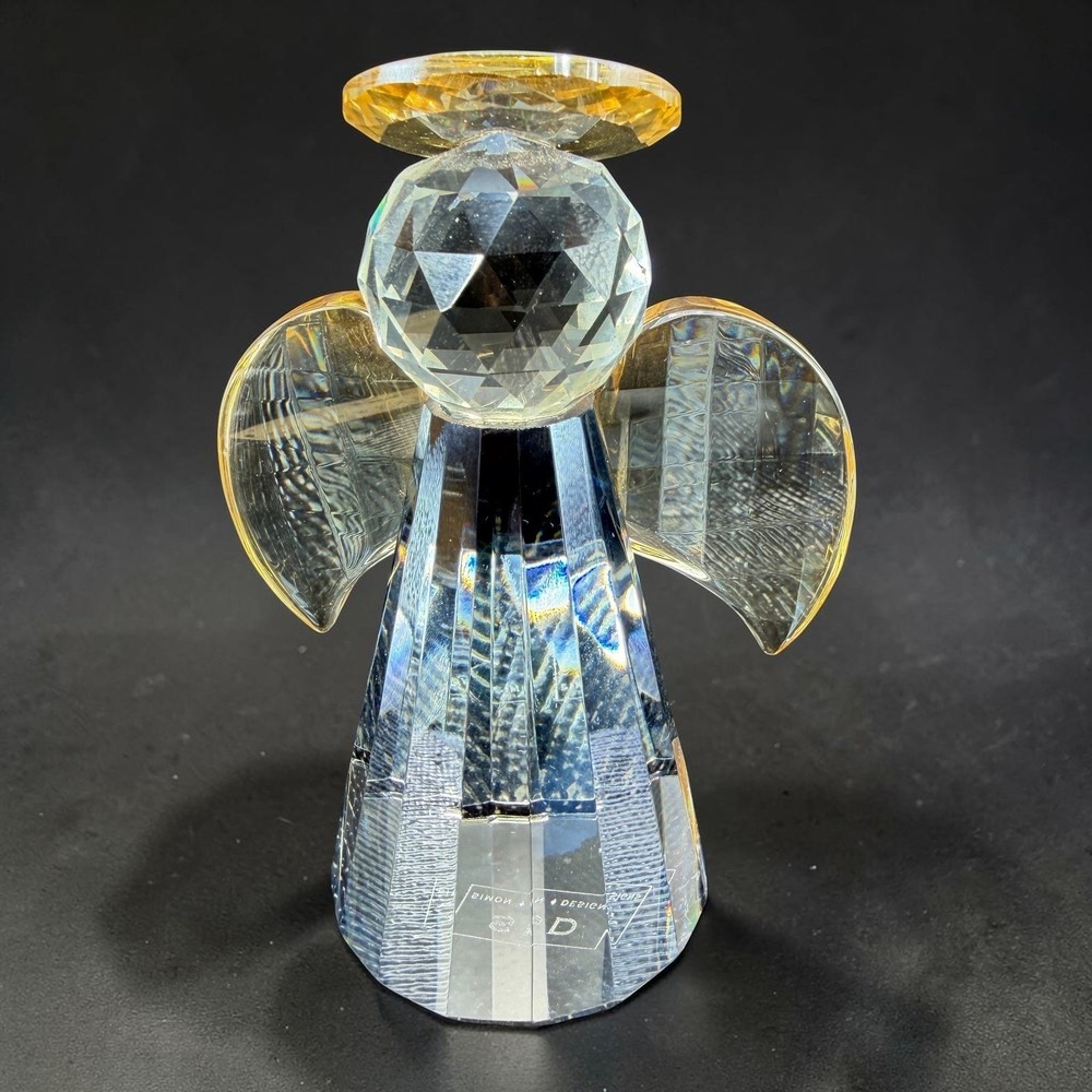 Simon Designs SD Crystal Angel Figurine Gold Amber Wings Halo Faceted 4 Inch